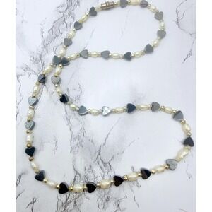 Magnetic Hematite Heart Glass Pearl Necklace Gold Tone 20" Barrel Clasp